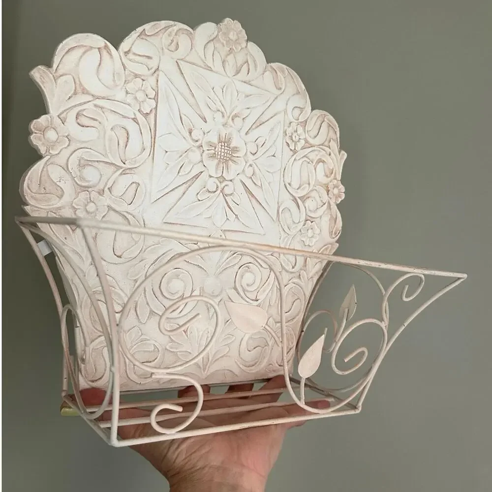 Vintage Metal Wall Mount plant holder Rack cream cottage decor French country